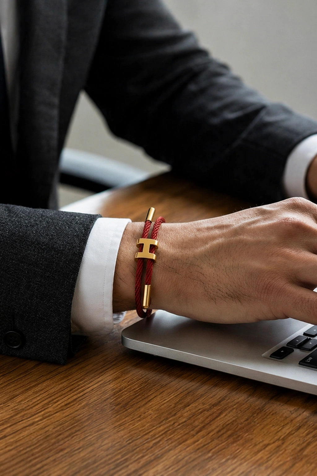 Pulseira Supima H'ills vermelha no pulso durante o trabalho
