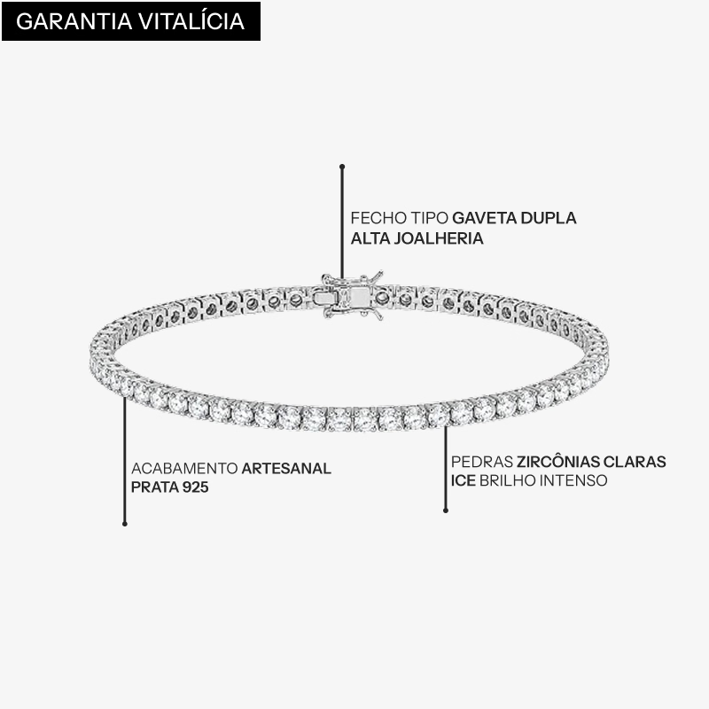 Detalhes da Pulseira Riviera Ice 4 mm, fecho gaveta e zircônias claras